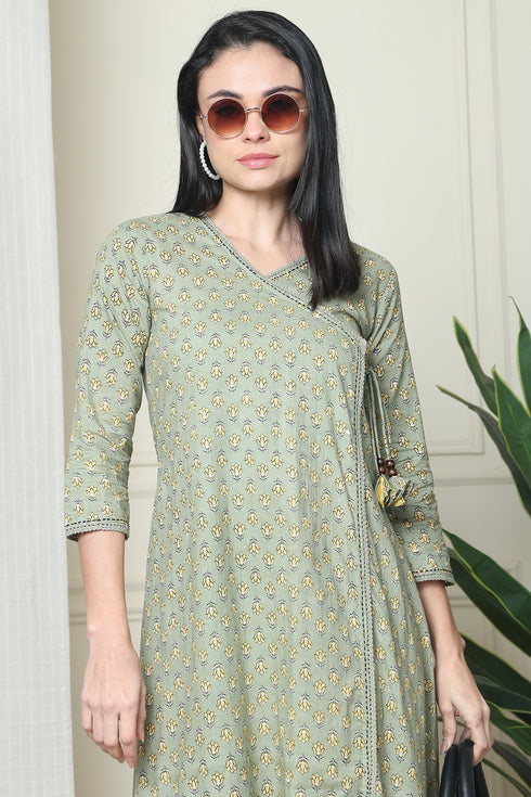 Olive Green Pure Cotton Jaipuri Printed Western Dress