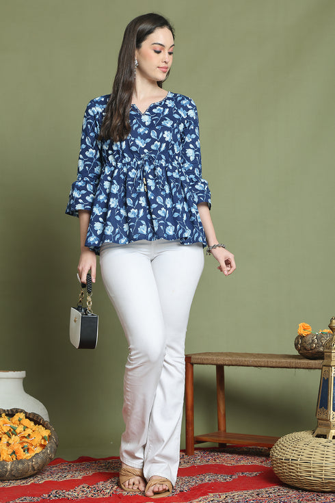 Blue Pure Cotton Jaipuri Printed Short Top