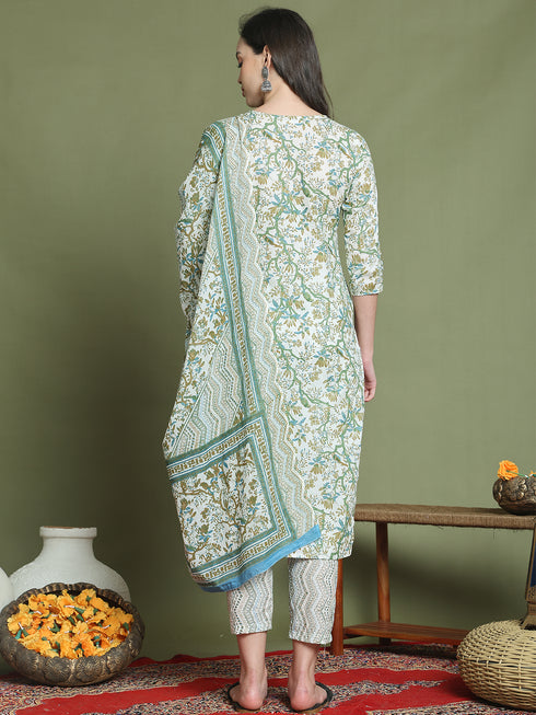 Women's Pure Cotton Jaipuri Printed Kurta & Pant With Dupatta