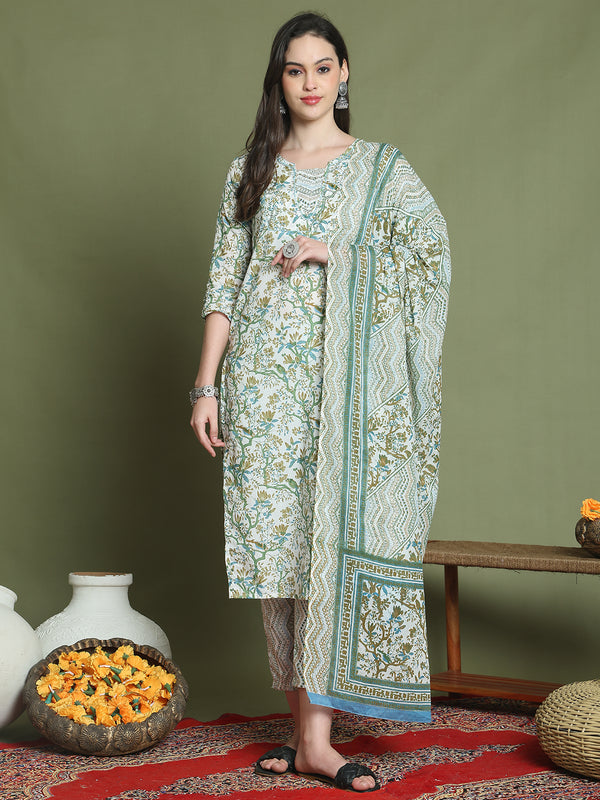 Women's Pure Cotton Jaipuri Printed Kurta & Pant With Dupatta