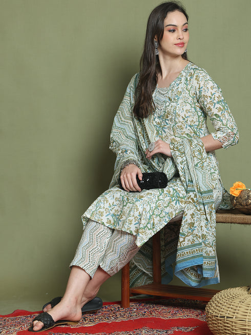 Women's Pure Cotton Jaipuri Printed Kurta & Pant With Dupatta
