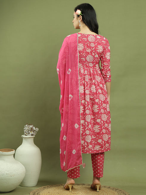Women's Pure Cotton Floral Printed Kurta & Pant With Dupatta