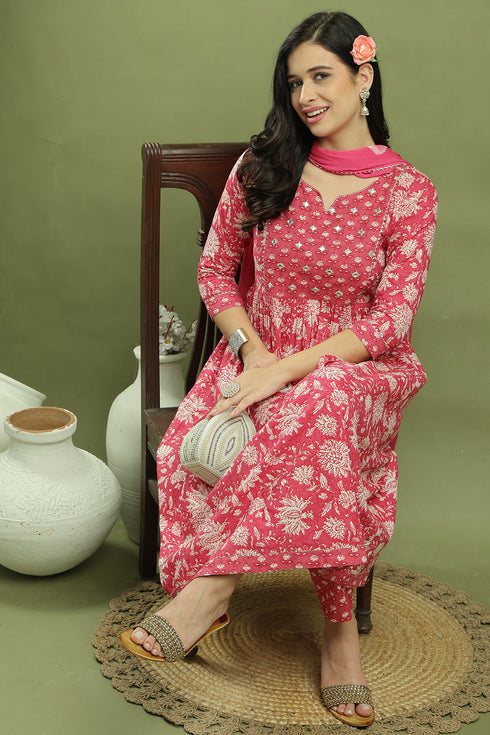 Women's Pure Cotton Floral Printed Kurta & Pant With Dupatta