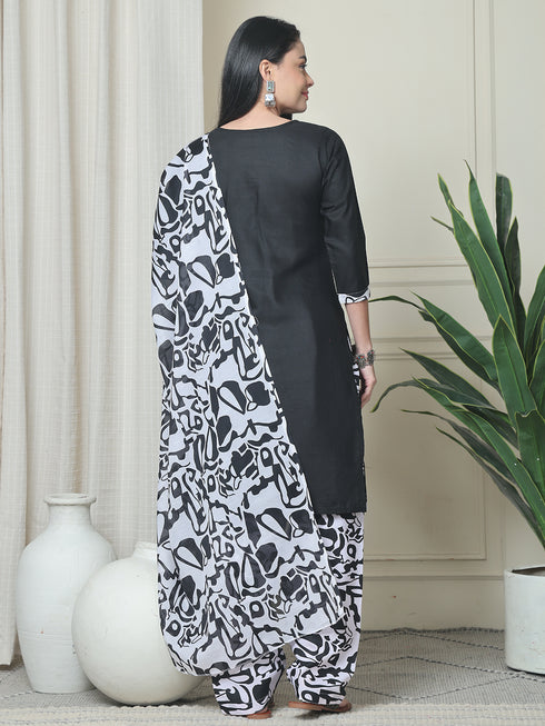 Black Cotton Blend Printed Plus Size Ready to Wear Patiala Salwar Suit