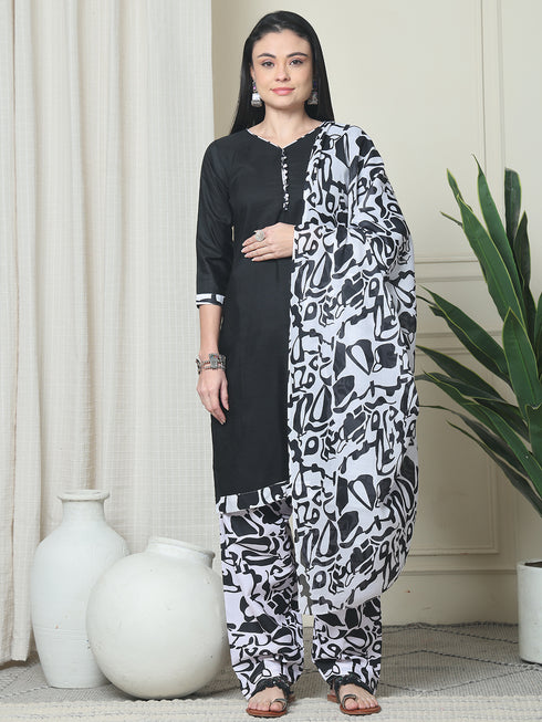 Black Cotton Blend Printed Plus Size Ready to Wear Patiala Salwar Suit