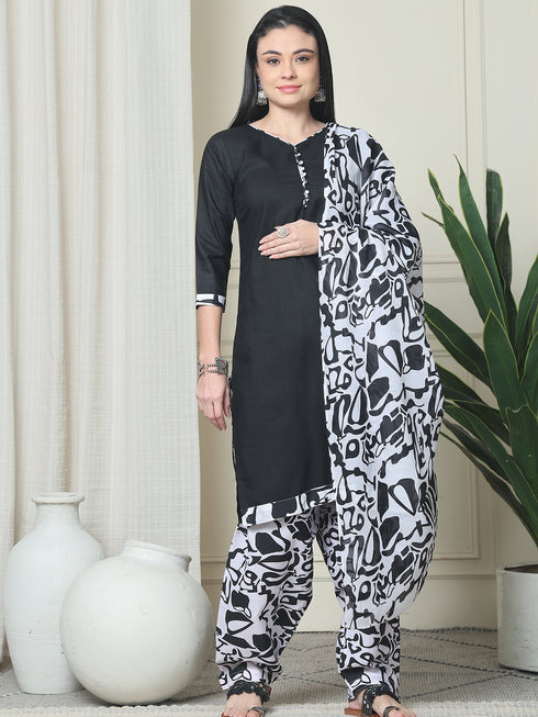 Black Cotton Blend Printed Plus Size Ready to Wear Patiala Salwar Suit
