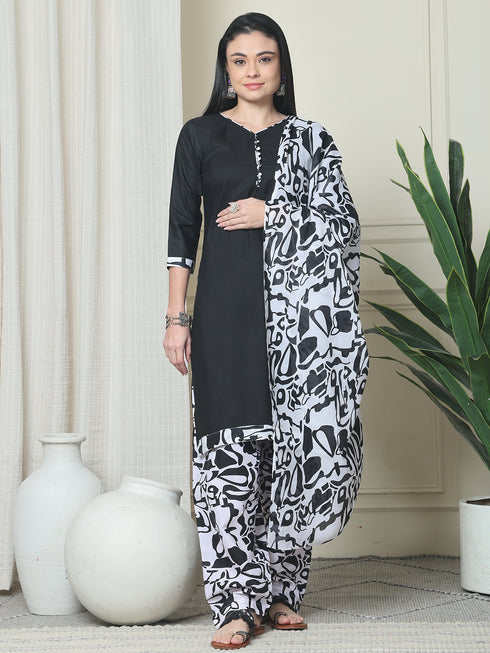 Black Cotton Blend Printed Plus Size Ready to Wear Patiala Salwar Suit