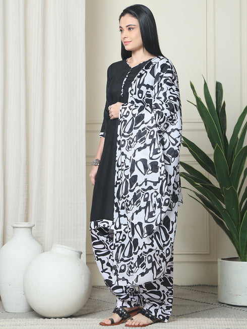 Black Cotton Blend Printed Plus Size Ready to Wear Patiala Salwar Suit