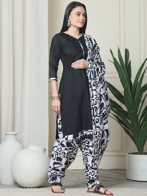 Black Cotton Blend Printed Plus Size Ready to Wear Patiala Salwar Suit