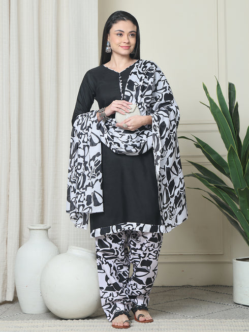 Black Cotton Blend Printed Plus Size Ready to Wear Patiala Salwar Suit