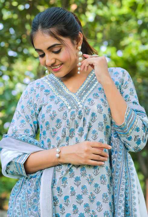 Blue & Grey Pure Cotton Jaipuri Printed Kurta Set With Dupatta