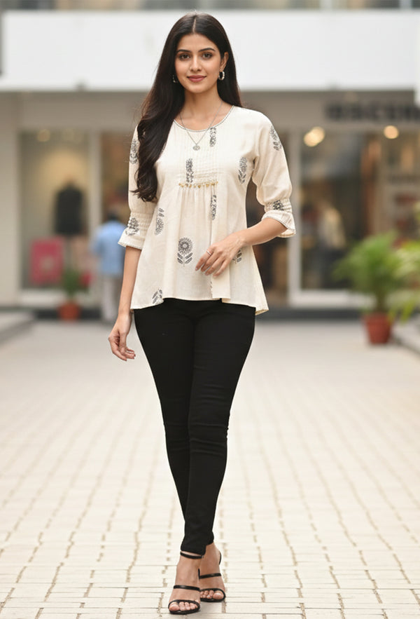 Off White Pure cotton Jaipuri Printed Short Top