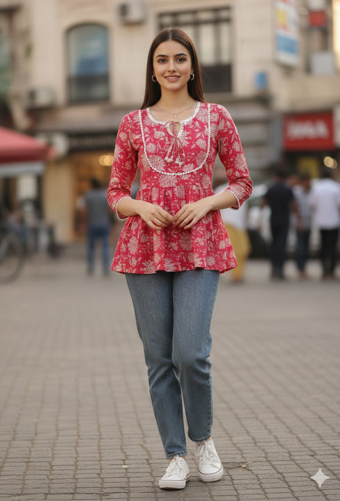 Pink & White Pure Cotton Floral Printed Short Top