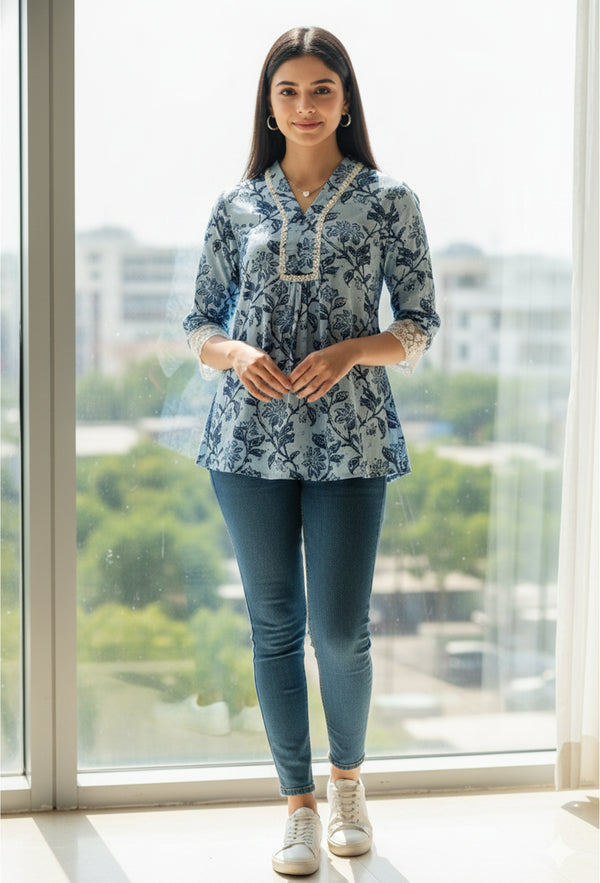 Women Sky Blue Pure Cotton Jaipuri Printed Short Top