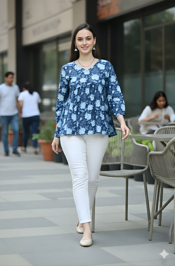 Blue Pure Cotton Jaipuri Printed Short Top