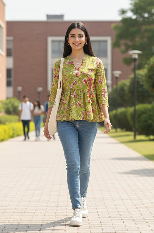Green Vibe Chic Cotton Jaipuri Printed Short Top
