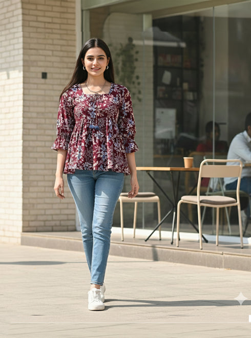 Serene Petal Couture Cotton Jaipuri Printed Short Top