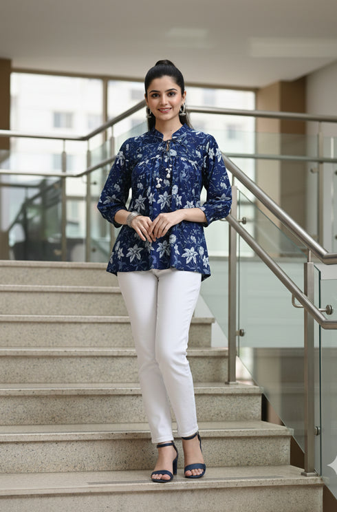 Blue Petal Chic Cotton Jaipuri Printed Short Top