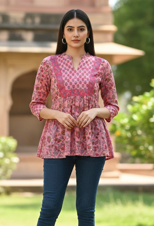 Light Pink Pure Cotton Floral Printed Short Top