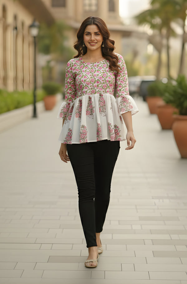 White & Pink Pure Cotton Floral Printed Short Top