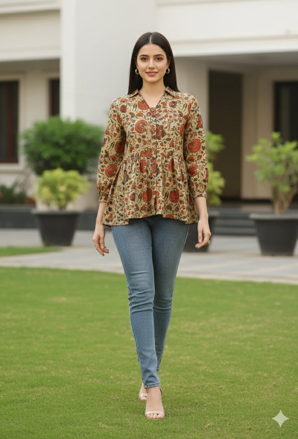 Beige Pure Cotton Floral Printed Short Top
