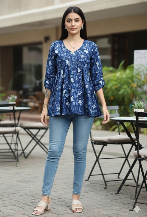 Blue Pure Cotton Floral Printed Short Top