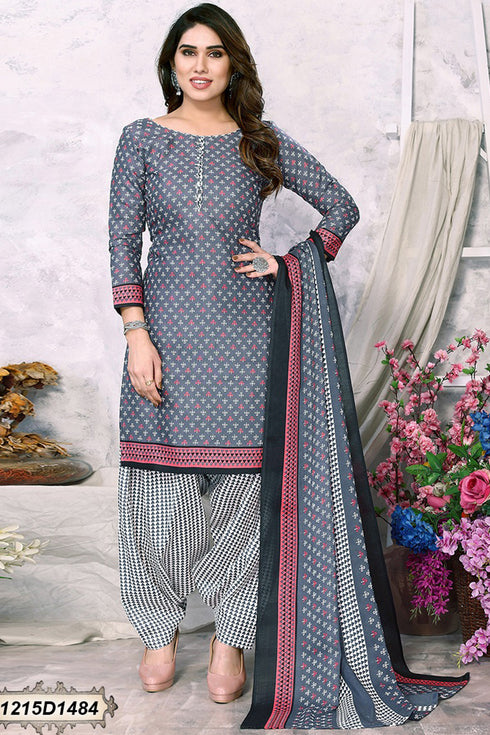 Grey Cotton Blend Printed Unstitched Salwar Suit Material