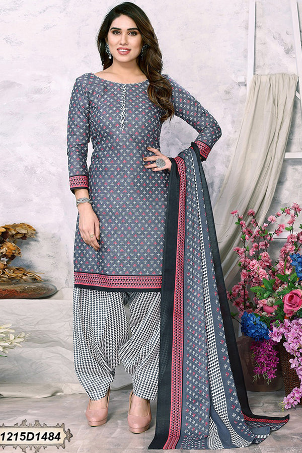 Grey Cotton Blend Printed Unstitched Salwar Suit Material