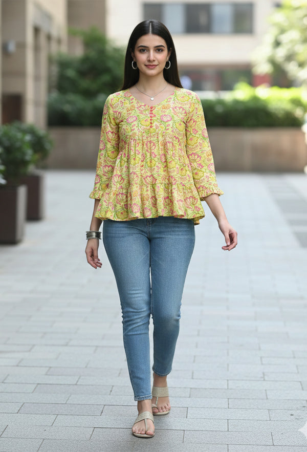 Yellow Pure Cotton Jaipuri Printed Short Top