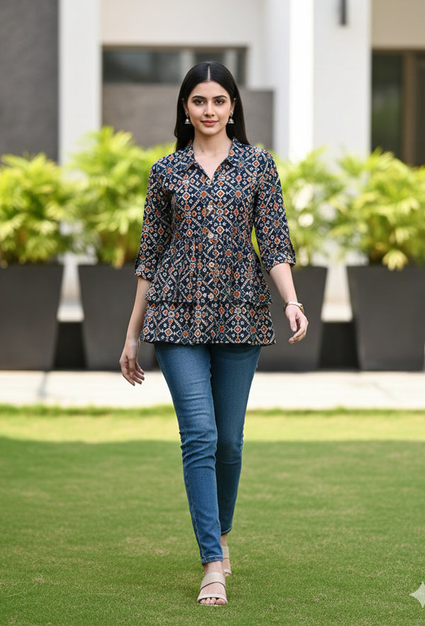 Navy Blue Women's Cotton Jaipuri Printed Short Top