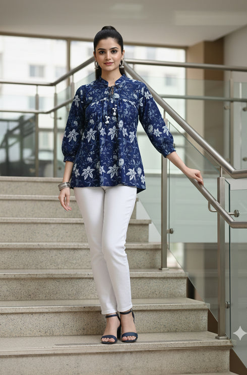 Blue Petal Chic Cotton Jaipuri Printed Short Top