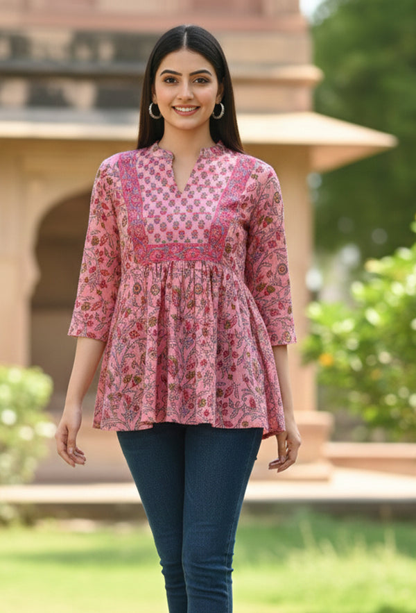 Light Pink Pure Cotton Floral Printed Short Top