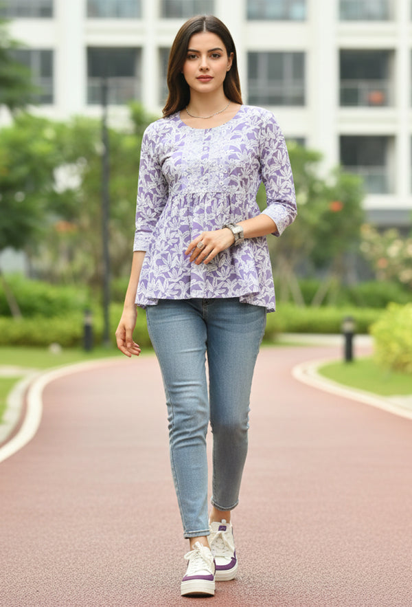 Lavender Pure Cotton Foil Printed Short Top