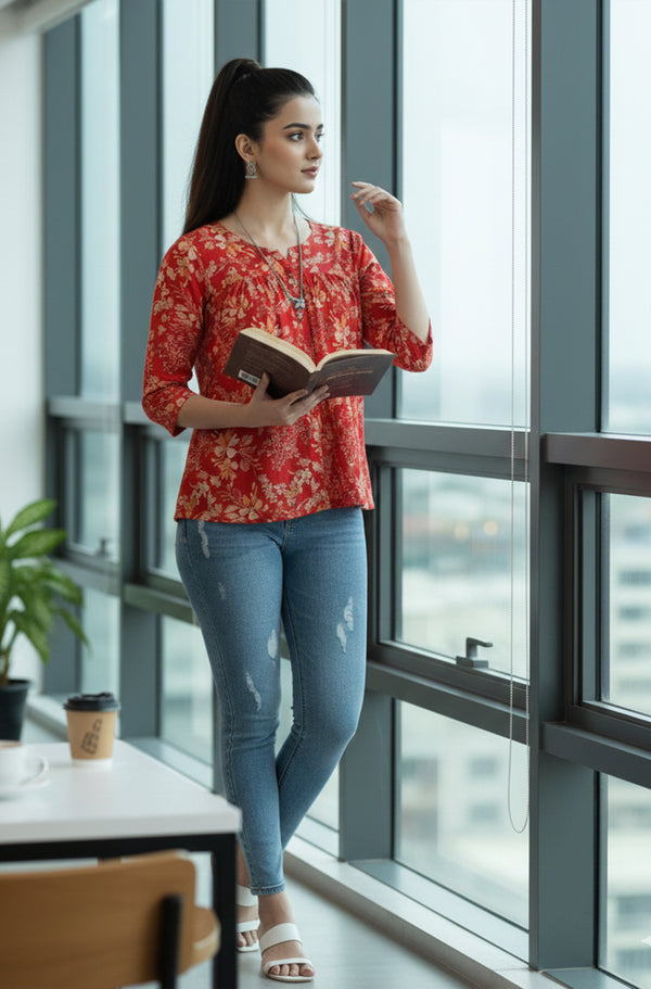 Red Pure Cotton Jaipuri Printed Short Top