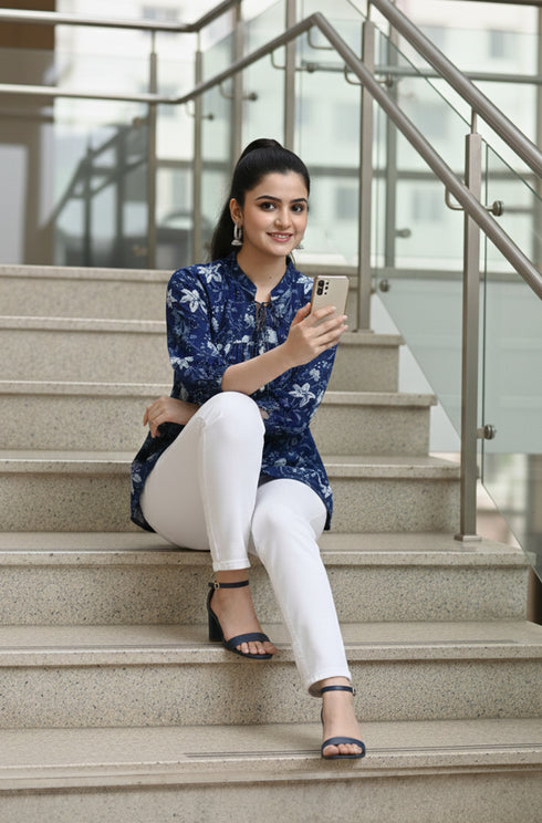 Blue Petal Chic Cotton Jaipuri Printed Short Top