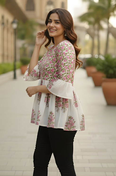 White & Pink Pure Cotton Floral Printed Short Top