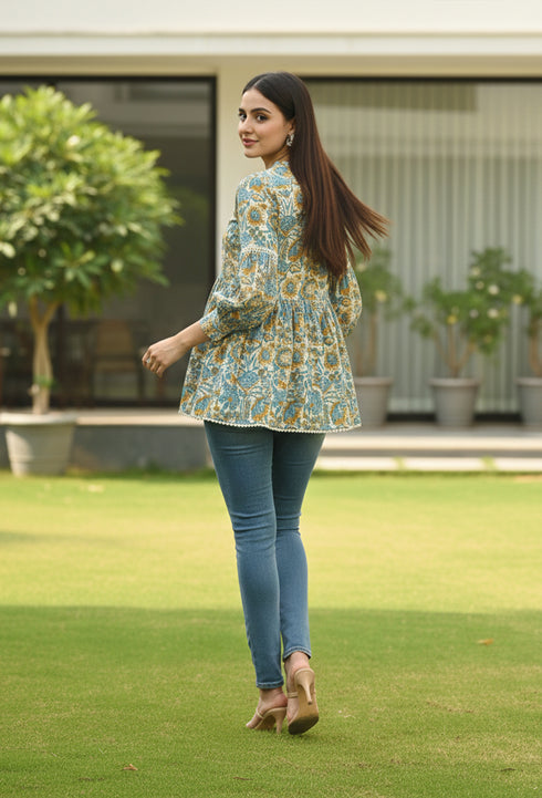 White & Sky Blue Pure Cotton Floral Printed Short Top