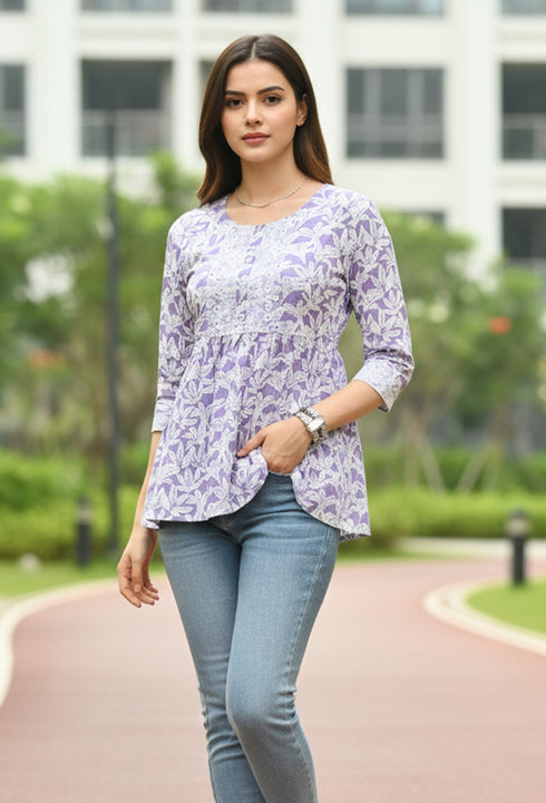 Lavender Pure Cotton Foil Printed Short Top