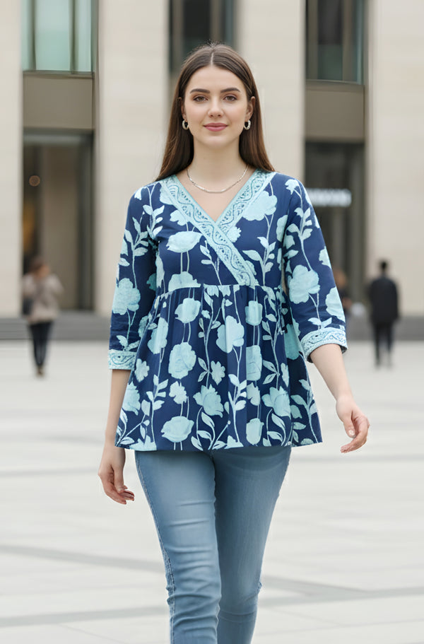 Blue Pure Cotton Jaipuri Printed Short Top