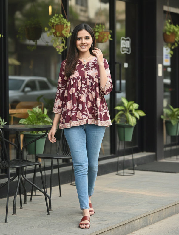 Wine Pure Cotton Jaipuri Printed Short Top