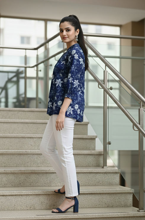 Blue Petal Chic Cotton Jaipuri Printed Short Top