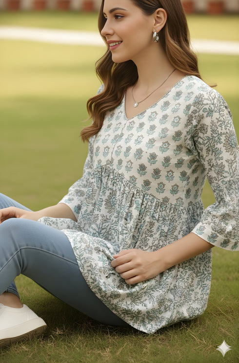White & Grey Pure Cotton Floral Printed Short Top