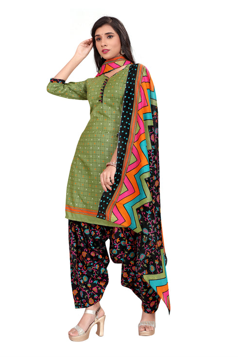 Olive Green Cotton Blend Printed Ready to Wear Patiala Salwar Suit