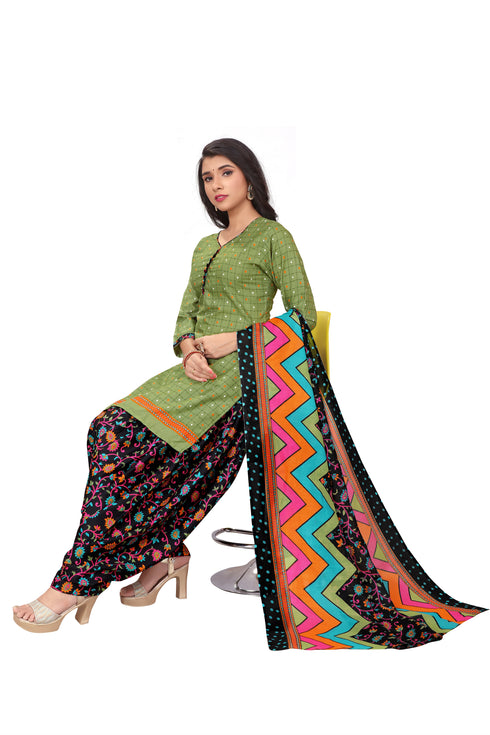 Olive Green Cotton Blend Printed Ready to Wear Patiala Salwar Suit
