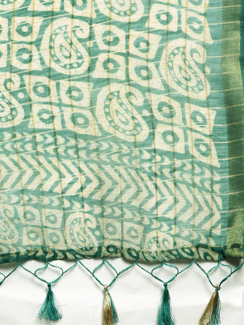 Green Cotton Silk Printed Traditional Saree With Blouse Piece