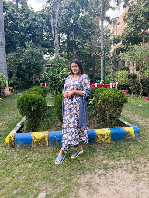 Blue Blossom Floral Printed Kurta & Pant with Dupatta