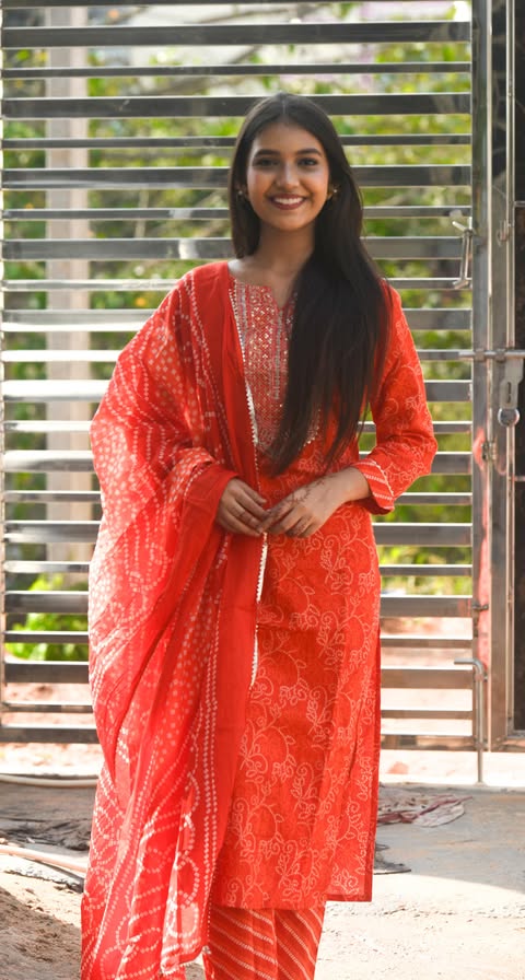 Pure Cambric Cotton Jaipuri Printed & Embroidered Kurta Set With Dupatta