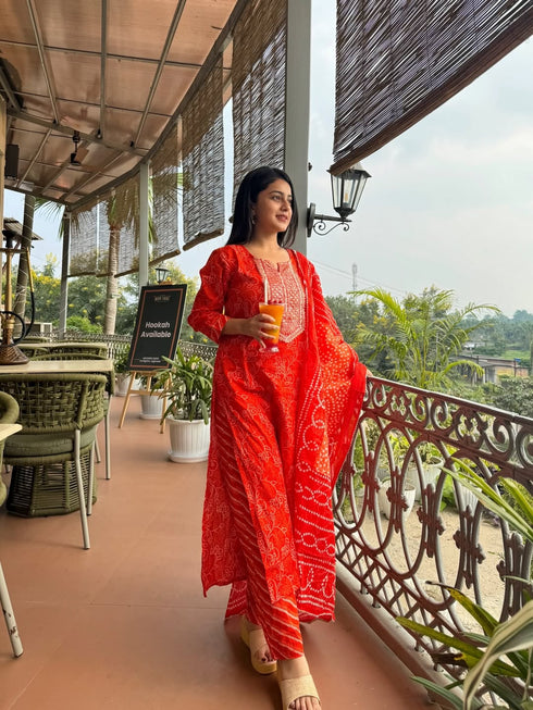 Pure Cambric Cotton Jaipuri Printed & Embroidered Kurta Set With Dupatta