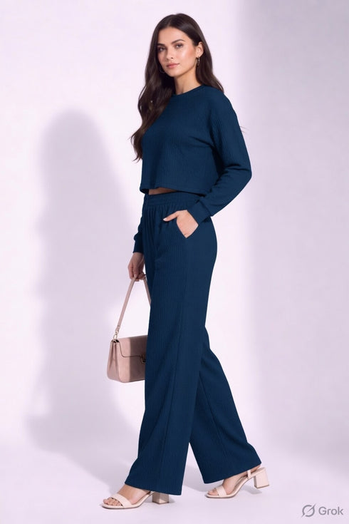 Teal Blue Lycra Solid Oversized Strachable Coords Set