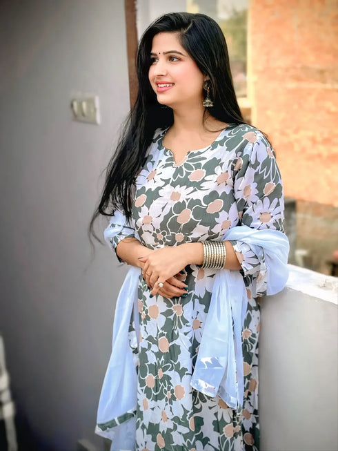 Women Olive Green & White Cotton Blend Floral Printed Kurta & Pant With Dupatta